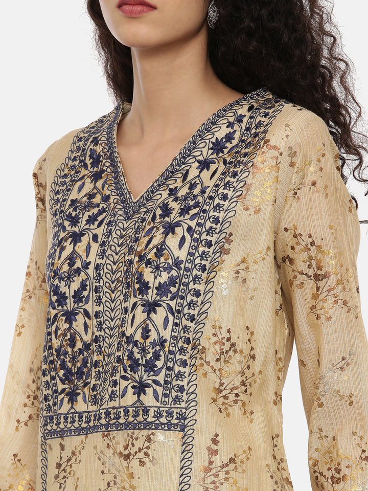 Neerus Beige Embroidered Kurta With Pant & Dupatta