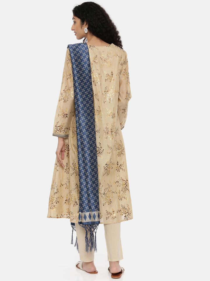 Neerus Beige Embroidered Kurta With Pant & Dupatta