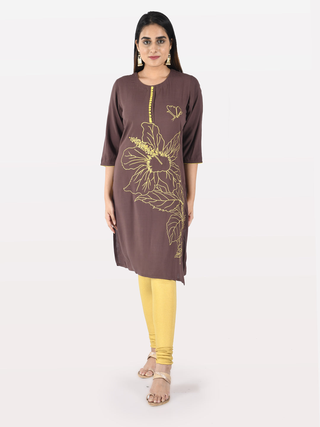 Neerus Brown Embroidered Straight Kurta