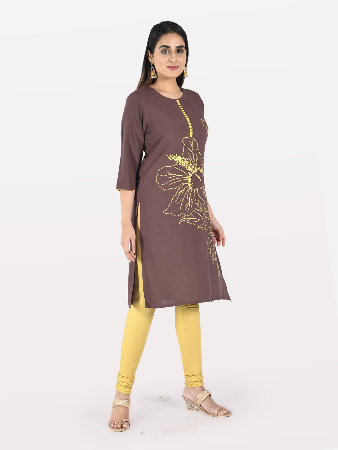 Neerus Brown Embroidered Straight Kurta