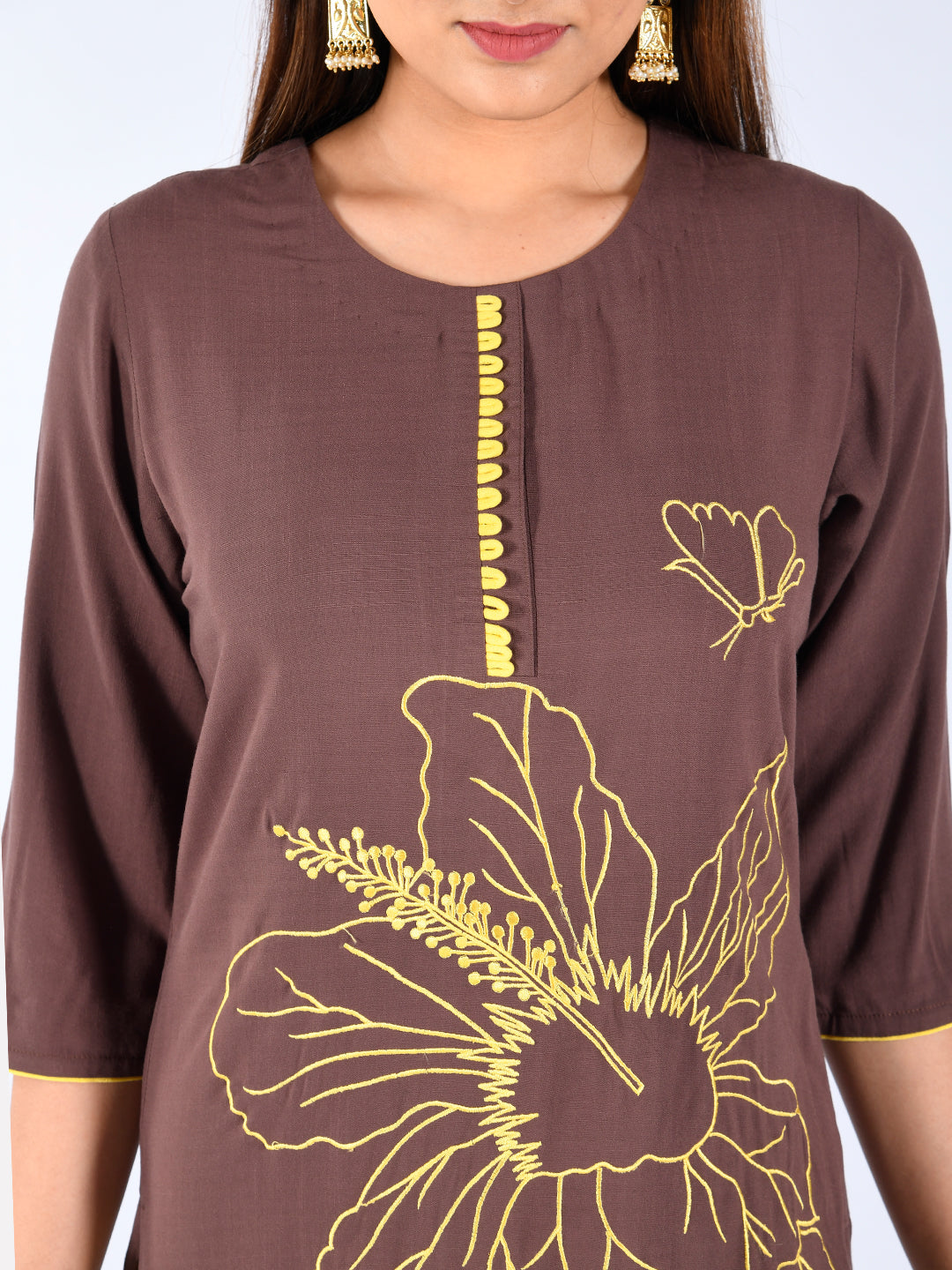Neerus Brown Embroidered Straight Kurta