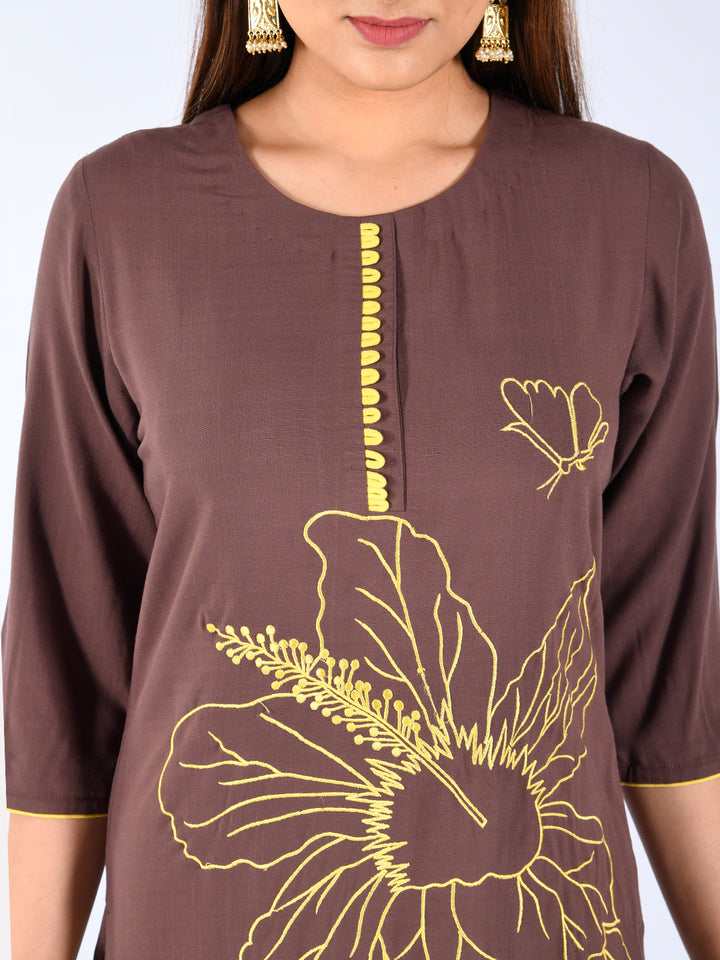 Neerus Brown Embroidered Straight Kurta