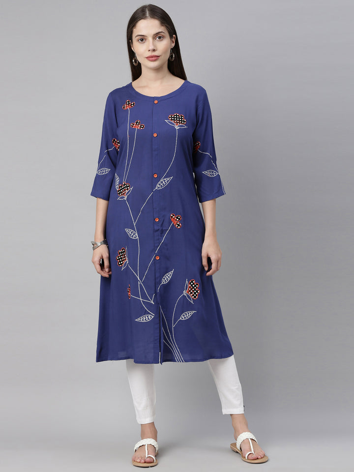 Neerus Blue Embroidered A Line Kurta