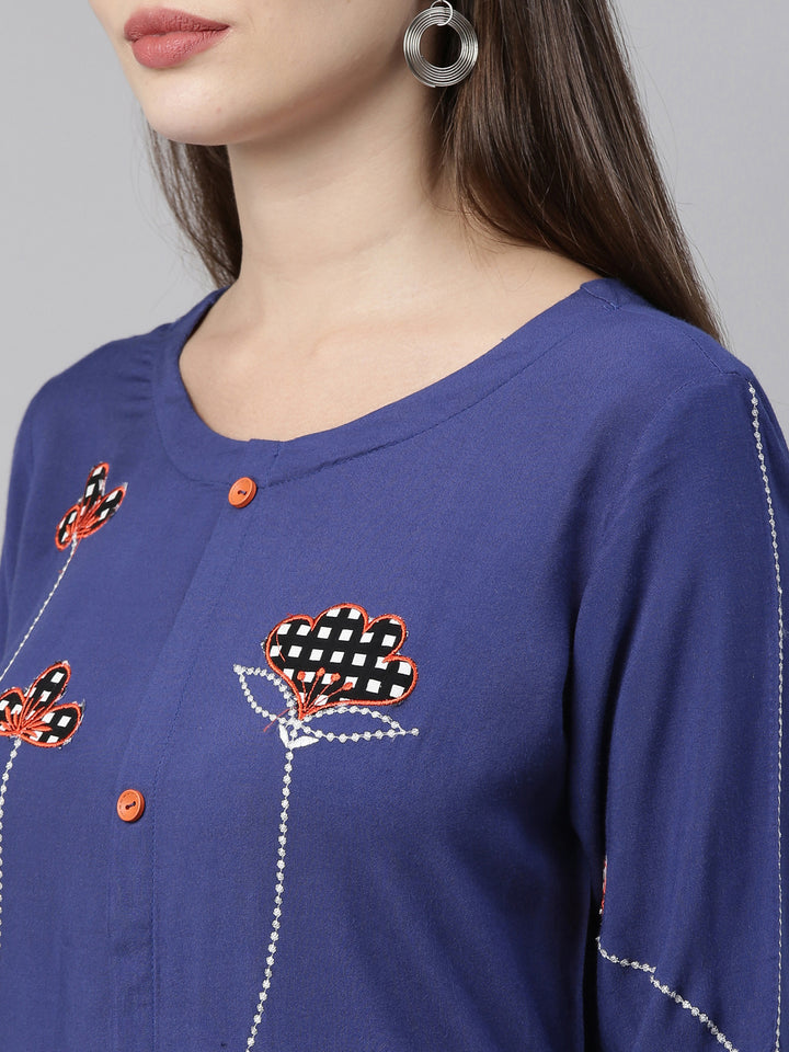 Neerus Blue Embroidered A Line Kurta