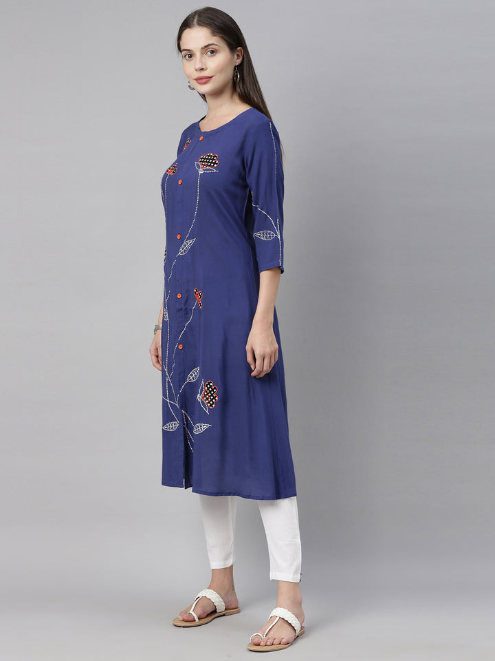 Neerus Blue Embroidered A Line Kurta