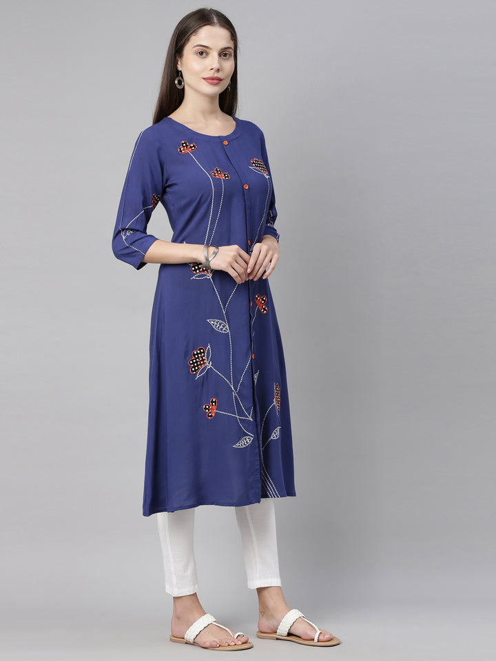 Neerus Blue Embroidered A Line Kurta