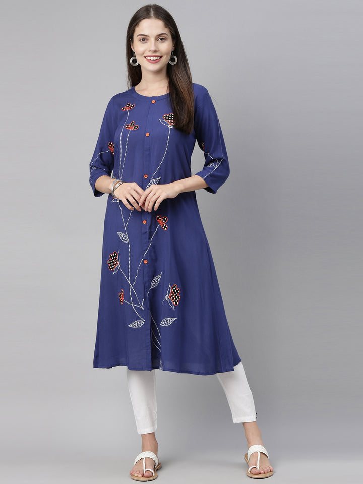 Neerus Blue Embroidered A Line Kurta