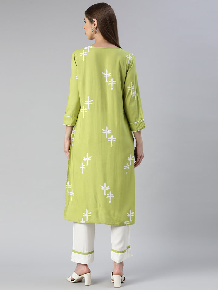 Neerus Women Green Printed Calf Length Kurta And Trousers