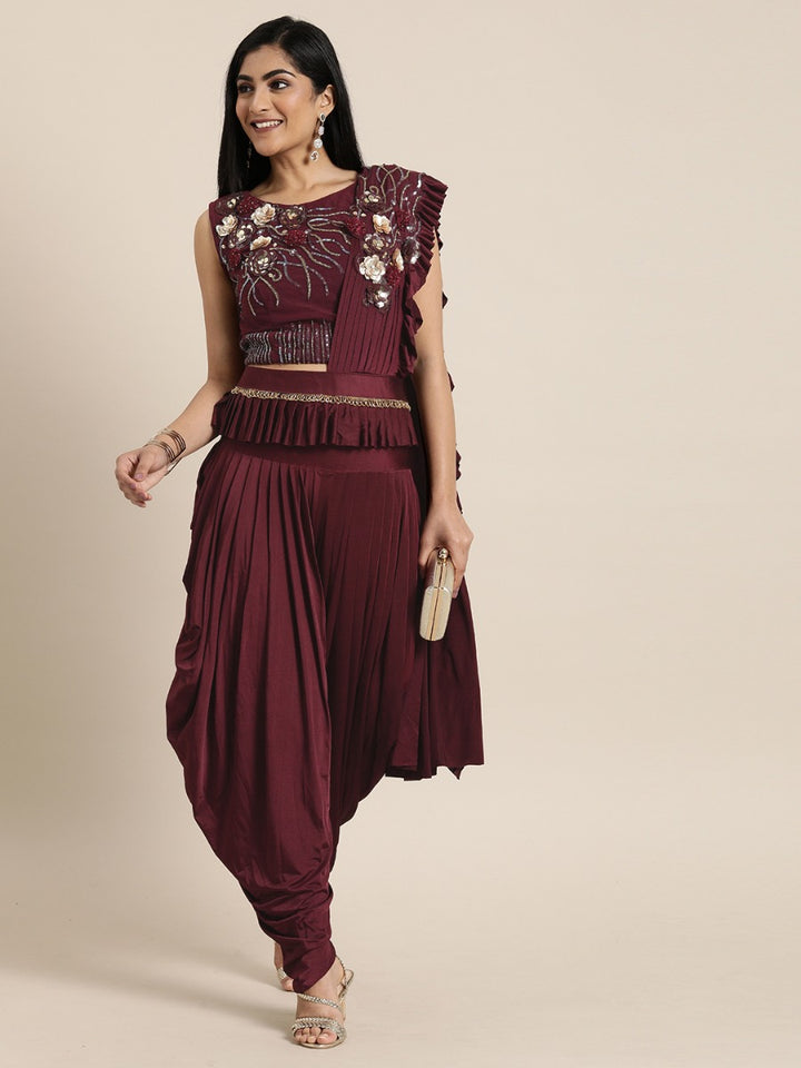 Neerus Maroon Solid Ready To Wear Saree With Blouse