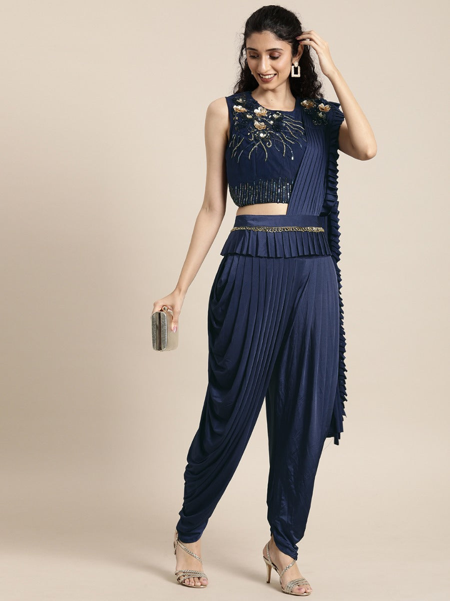 Neerus Navy Solid Ready To Wear Saree With Blouse