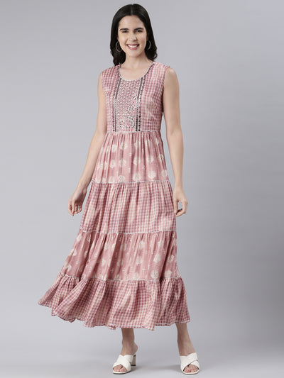 Neerus Pink Maxi Casual Printed Dresses