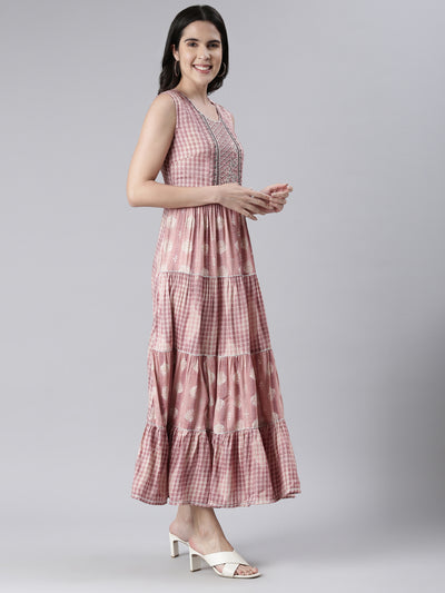 Neerus Pink Maxi Casual Printed Dresses