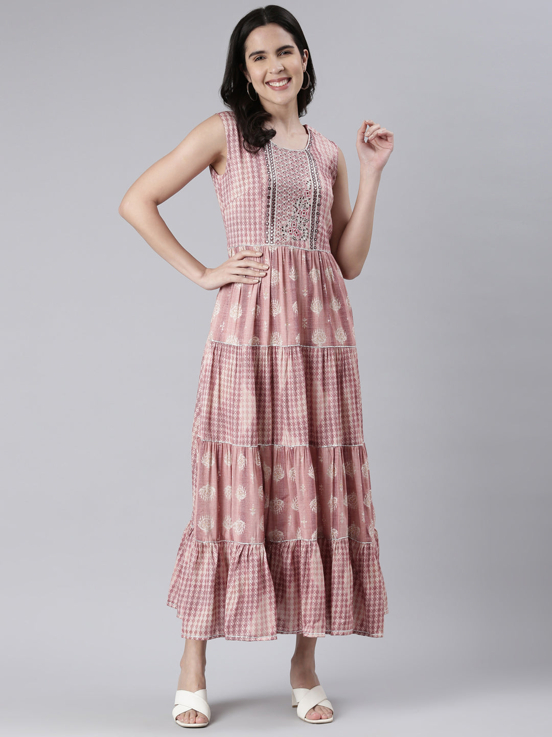 Neerus Pink Maxi Casual Printed Dresses
