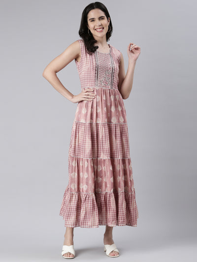 Neerus Pink Maxi Casual Printed Dresses