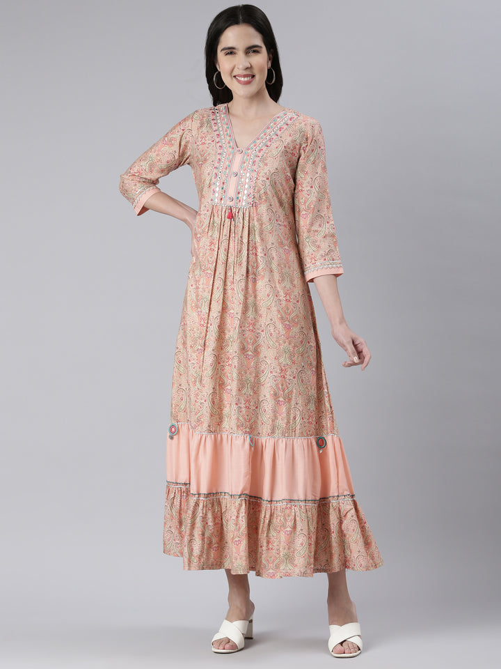 Neerus Peach Maxi Casual Printed Dresses