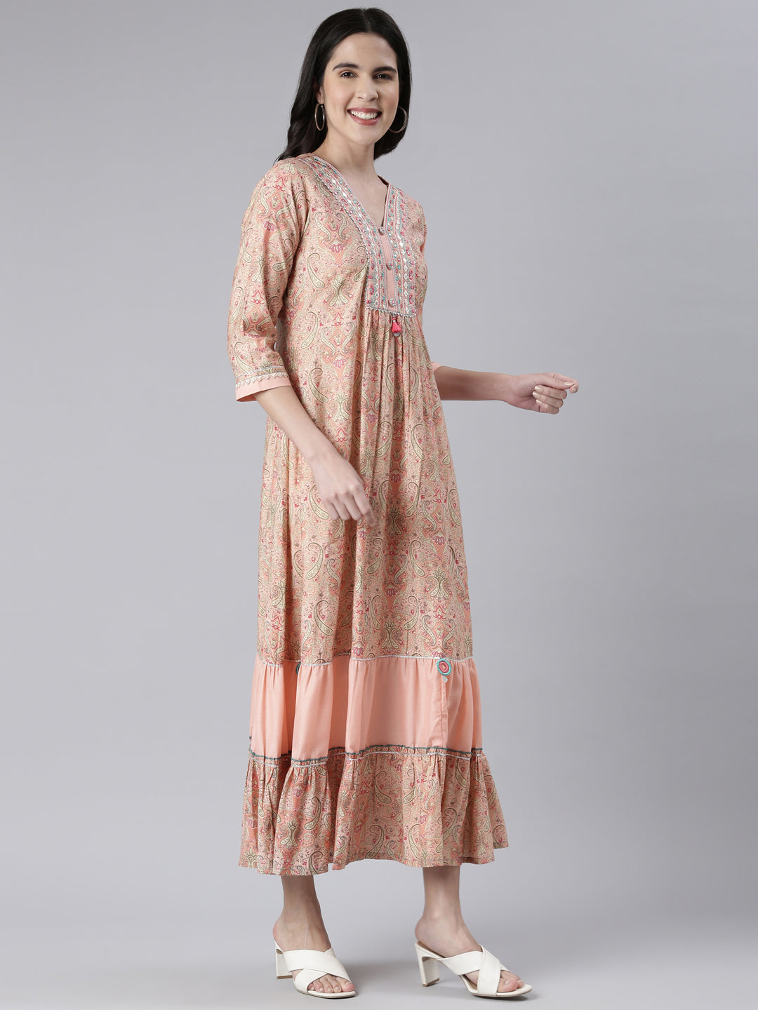 Neeru's Peach Maxi Casual Printed Dresses