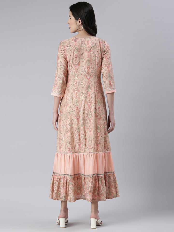 Neerus Peach Maxi Casual Printed Dresses