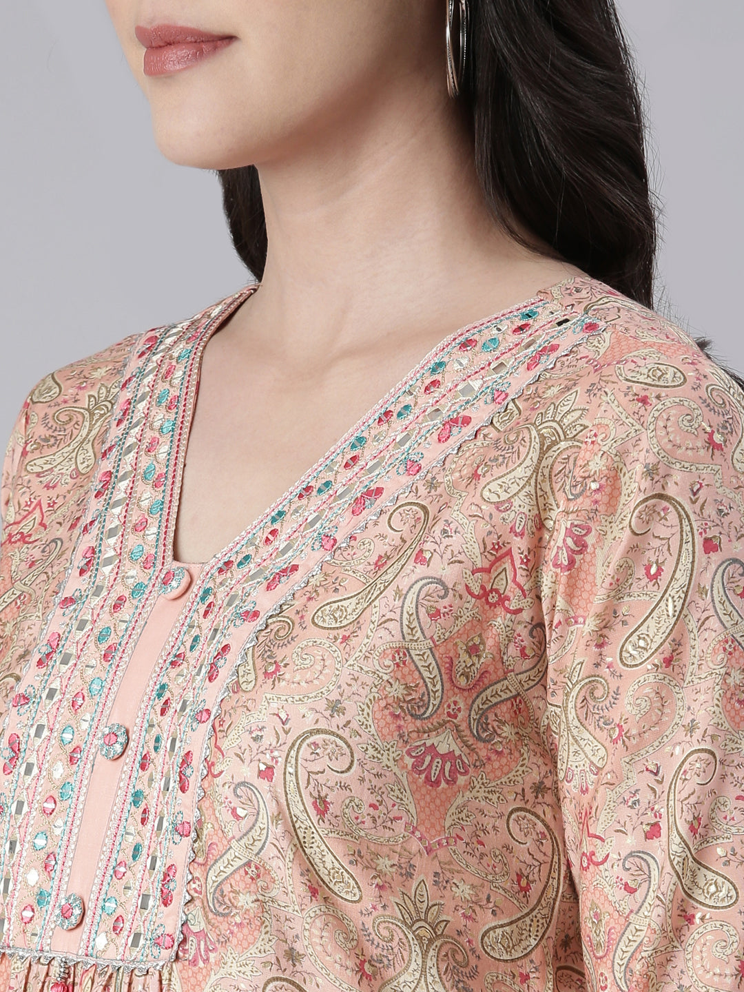 Neerus Peach Maxi Casual Printed Dresses