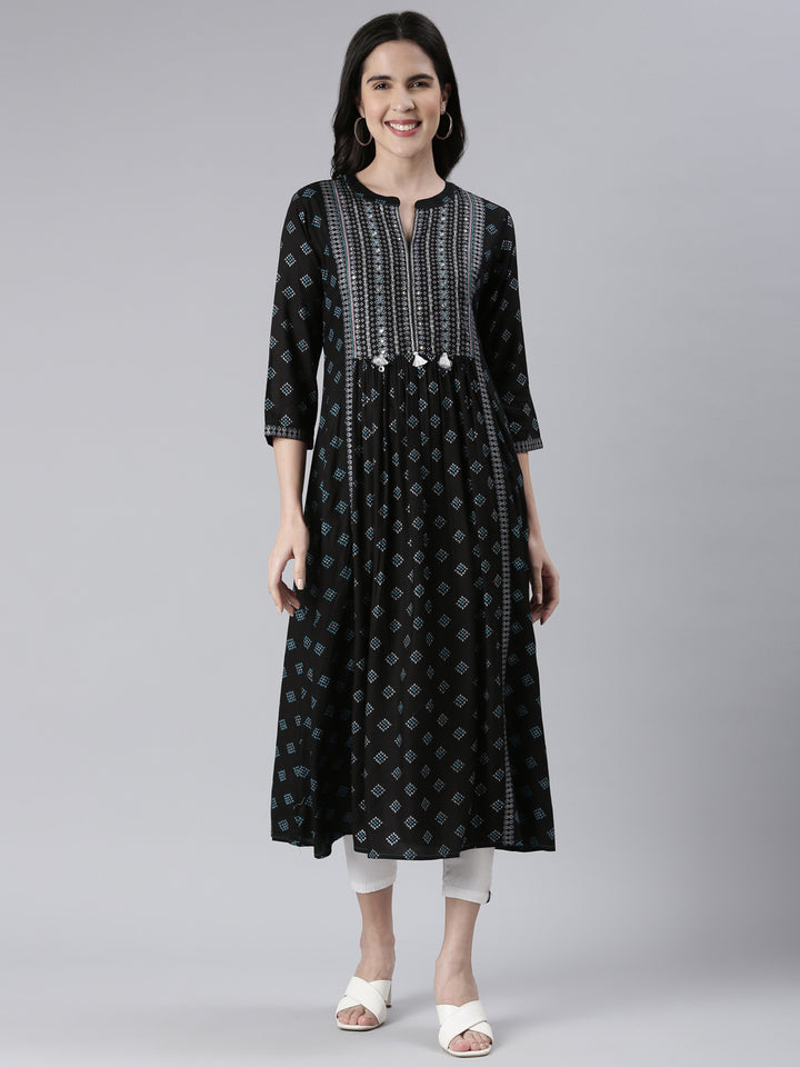 Neerus Blue cotton embroidered anarkali kurta - front view
