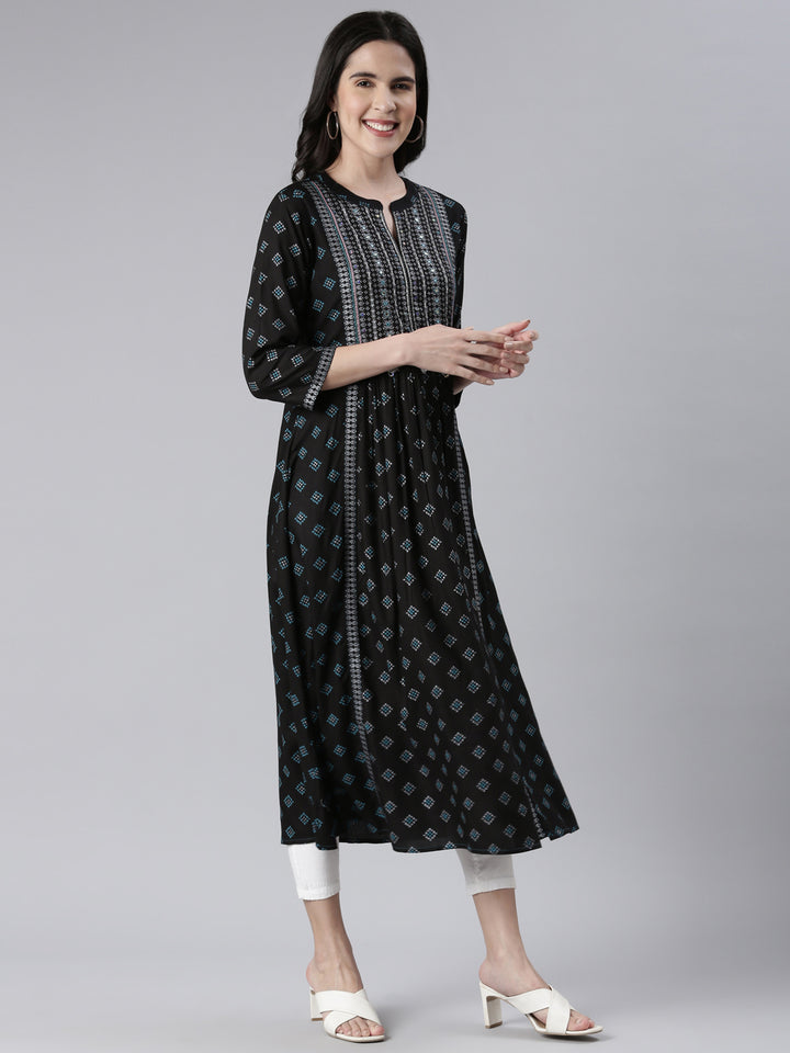 Neerus Blue cotton embroidered anarkali kurta - back view