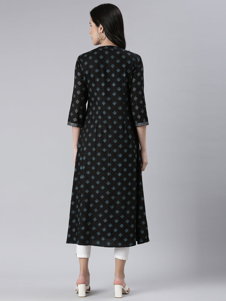 Neerus Blue cotton embroidered anarkali kurta - side view