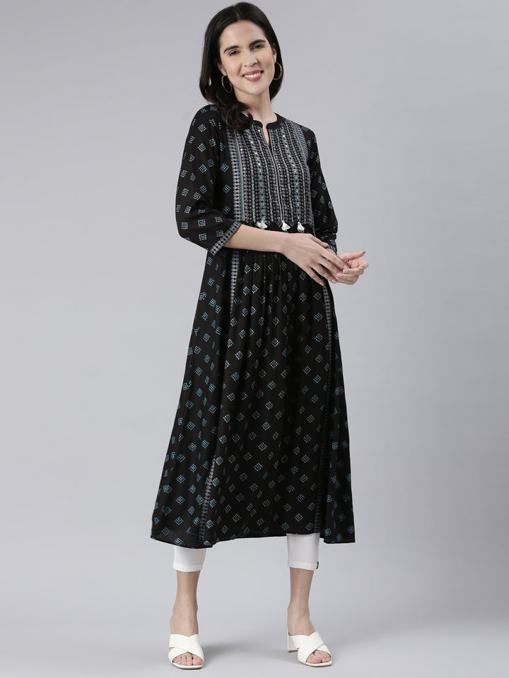 Neerus Blue cotton embroidered anarkali kurta - detail view 2