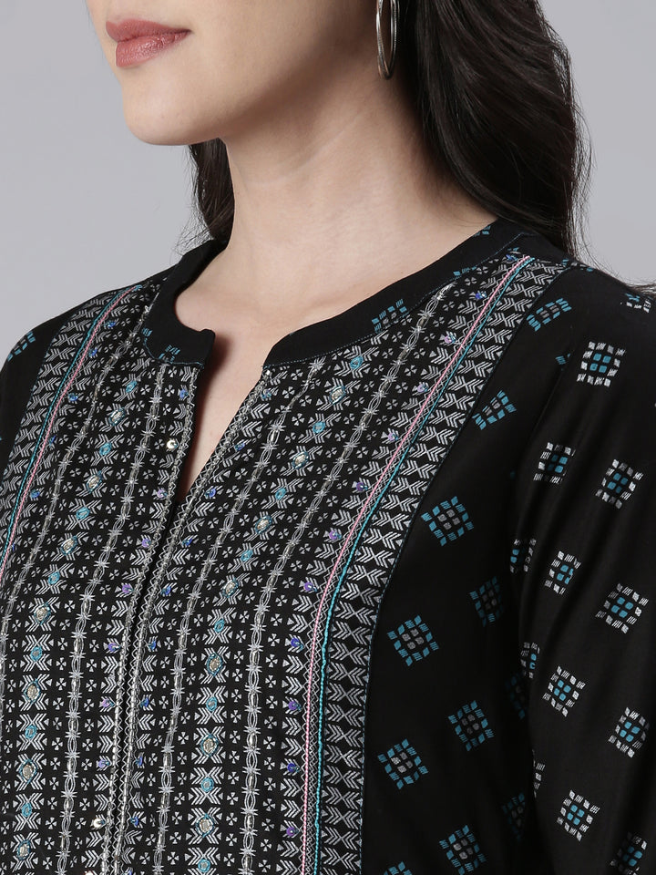 Neerus Blue cotton embroidered anarkali kurta - detail view 1
