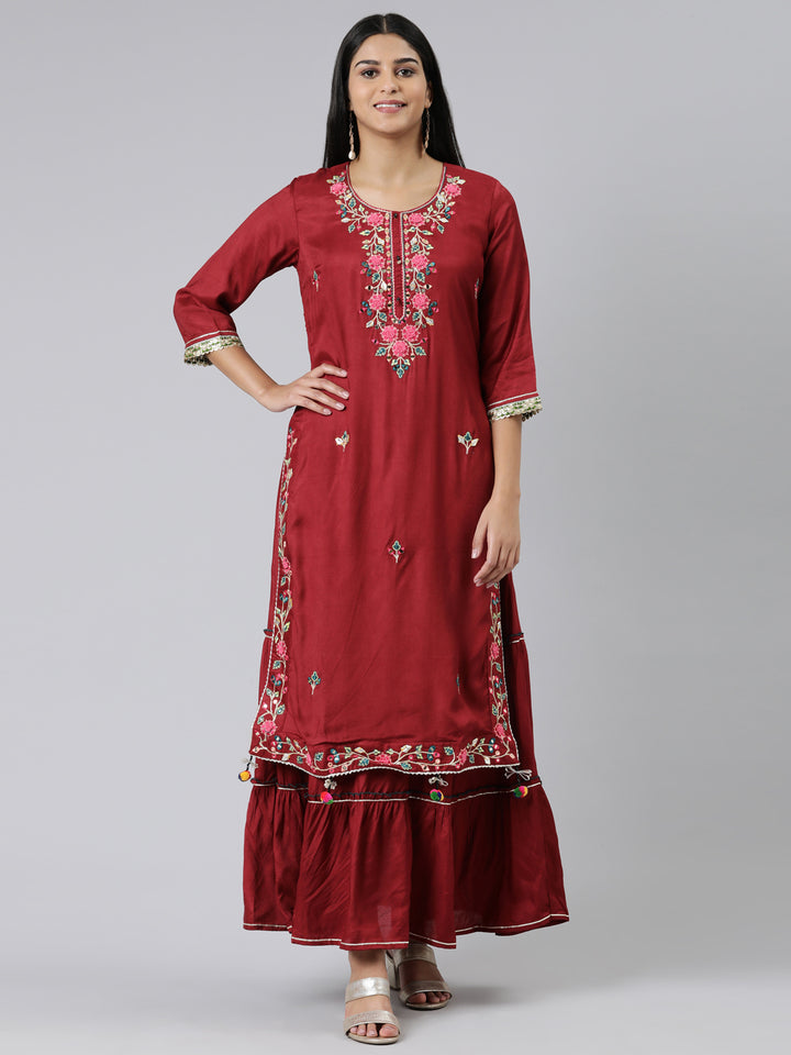 Neerus Maroon Straight Embroidered Shantoon Kurtas