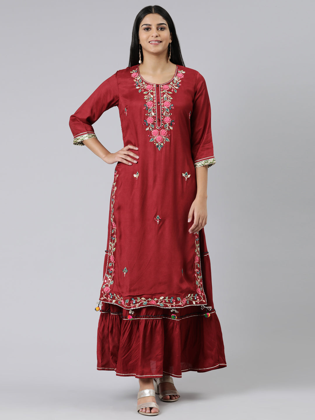 Neerus Maroon Straight Embroidered Shantoon Kurtas