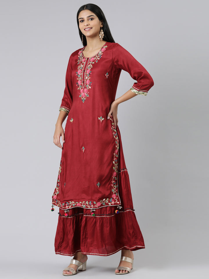 Neerus Maroon Straight Embroidered Shantoon Kurtas