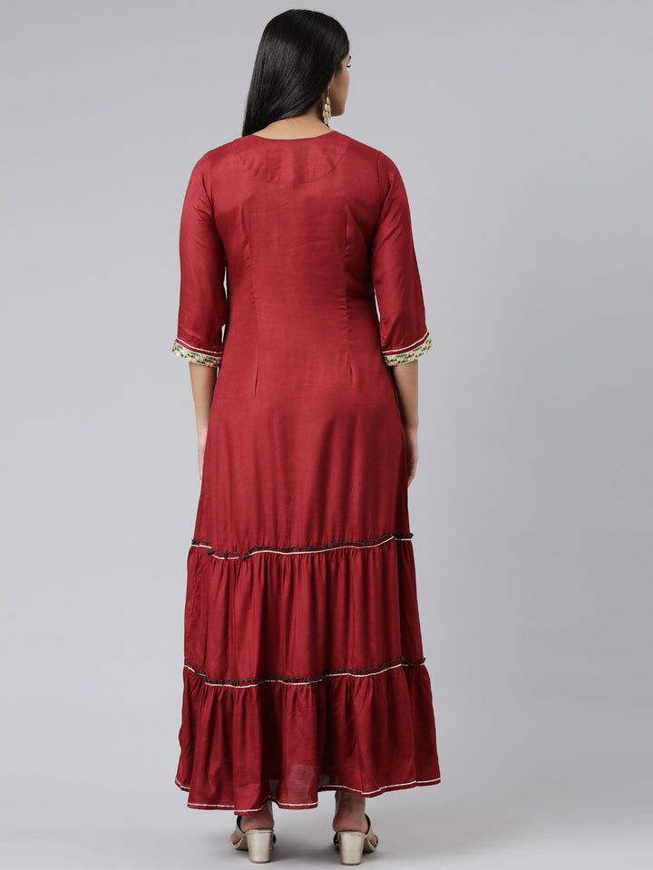 Neerus Maroon Straight Embroidered Shantoon Kurtas