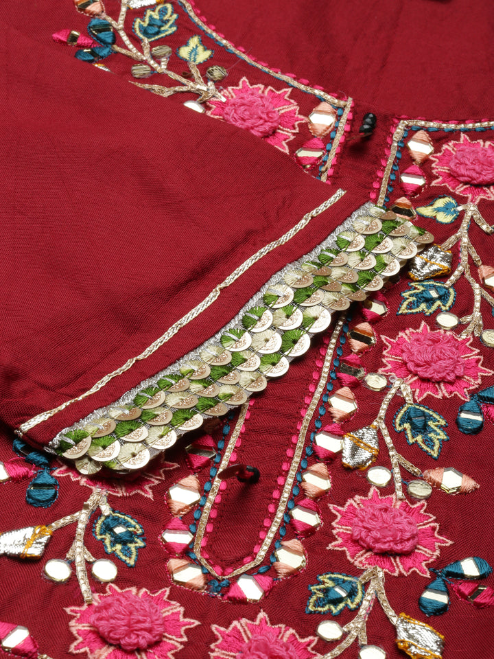 Neerus Maroon Straight Embroidered Shantoon Kurtas