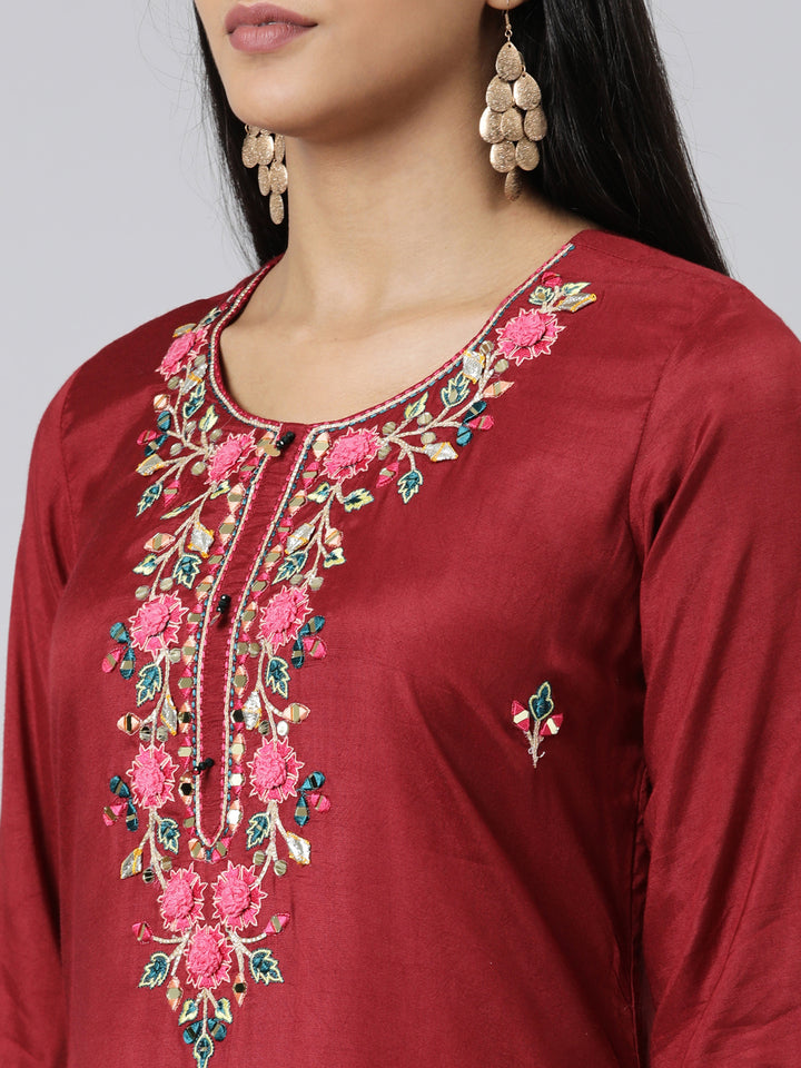 Neerus Maroon Straight Embroidered Shantoon Kurtas
