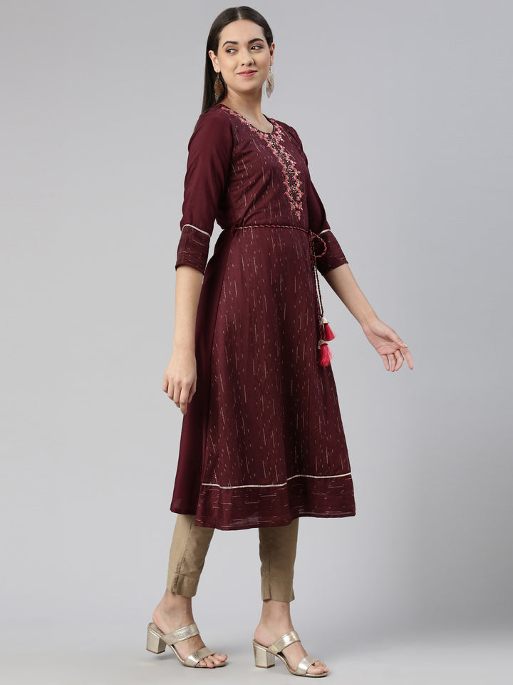 Neerus Burgundy Anarkali Straight Cotton Silk Kurtas