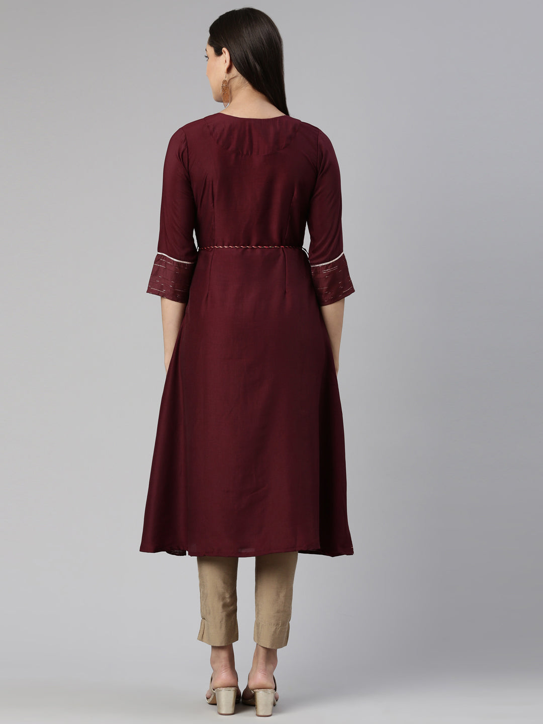 Neerus Burgundy Anarkali Straight Cotton Silk Kurtas