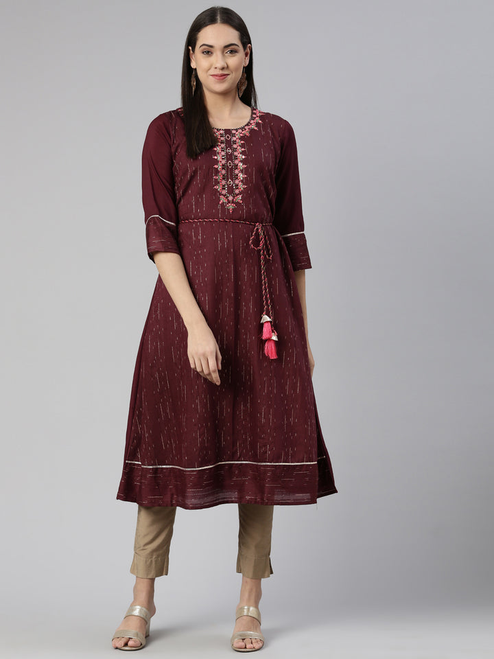 Neerus Burgundy Anarkali Straight Cotton Silk Kurtas