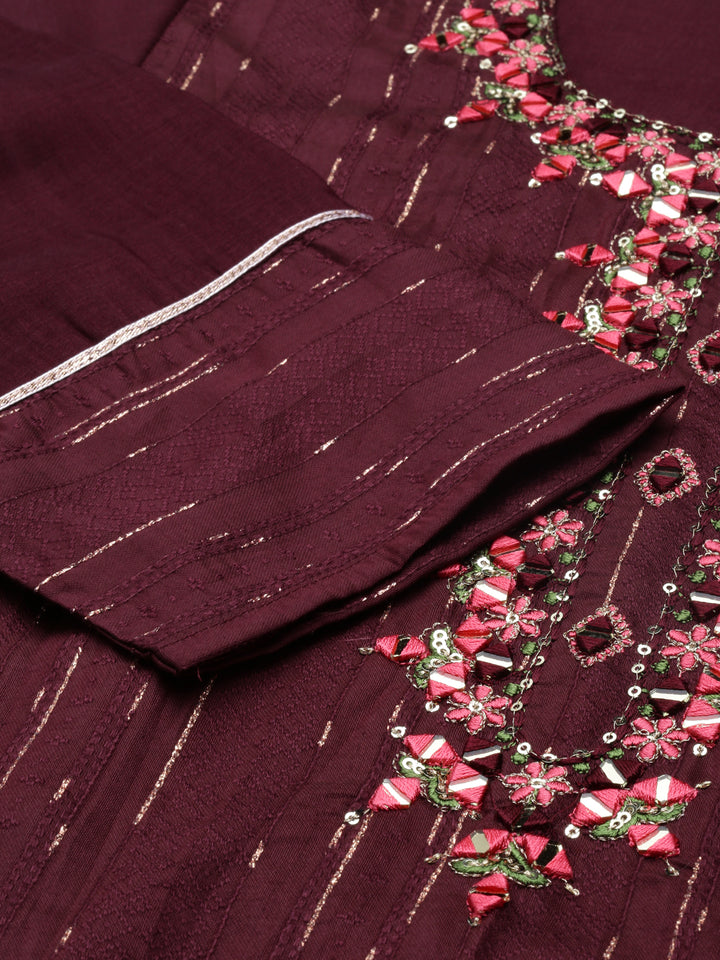 Neerus Burgundy Anarkali Straight Cotton Silk Kurtas