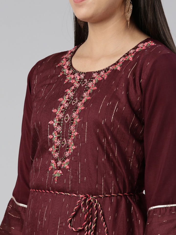Neerus Burgundy Anarkali Straight Cotton Silk Kurtas