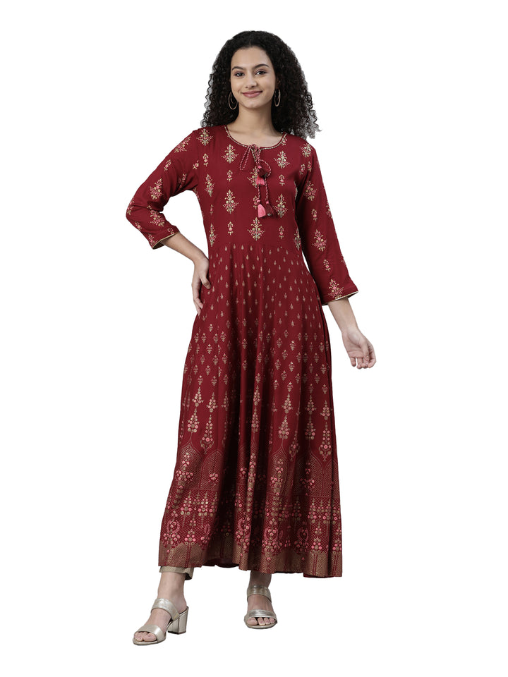 Neerus Maroon Straight Ethnic Printed Dress