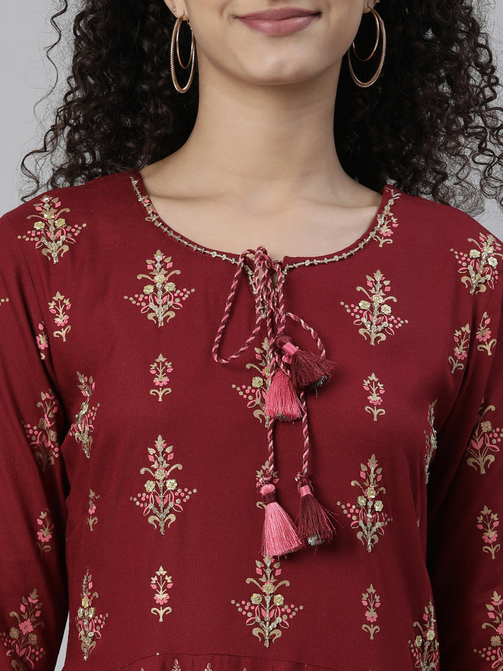 Neerus Maroon Straight Ethnic Printed Dress