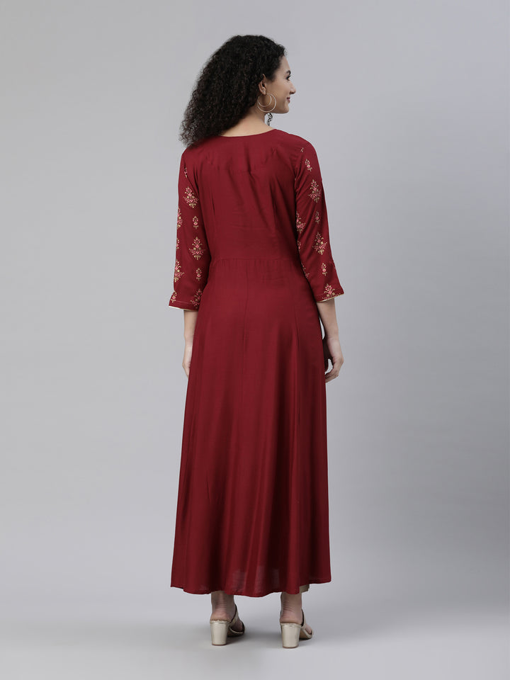 Neerus Maroon Straight Ethnic Printed Dress