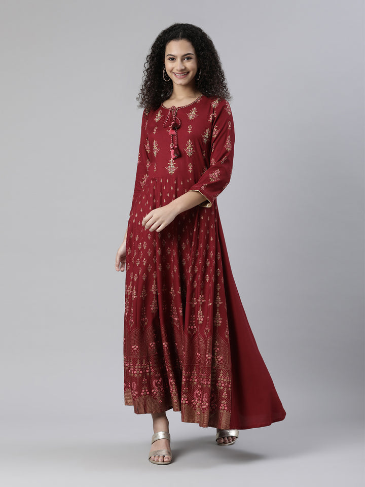 Neerus Maroon Straight Ethnic Printed Dress