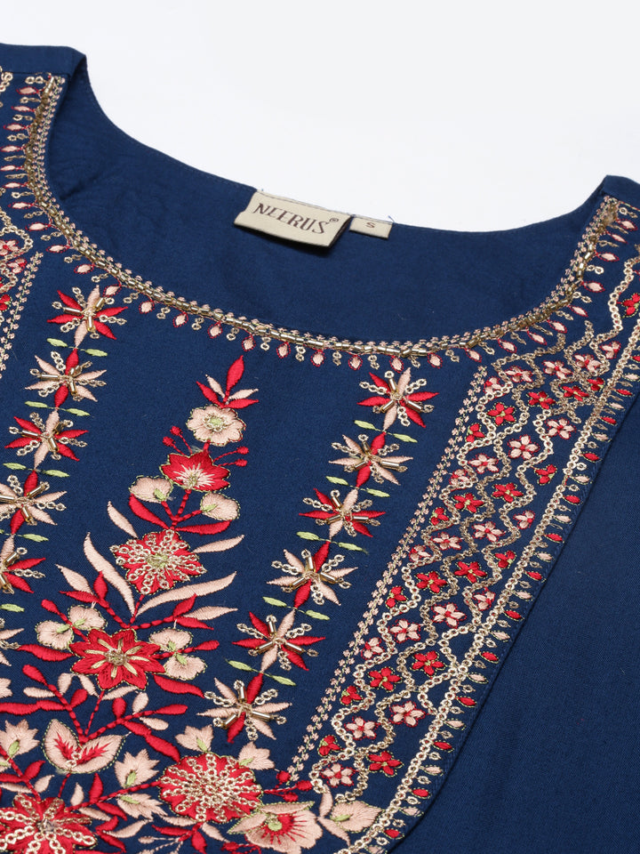 Neerus Green cotton printed straight kurti with yoke design - detail view 3