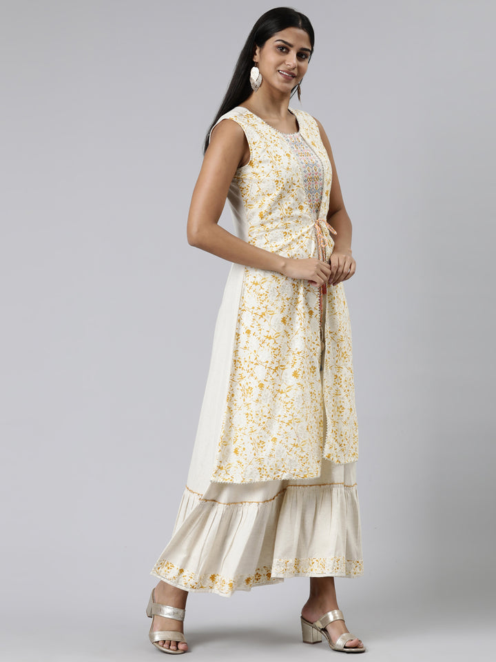 Neerus Cream Straight Printed Viscose Rayon Kurtas