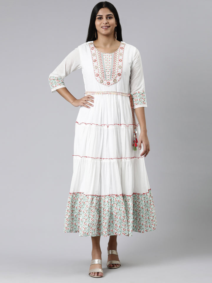 Neerus White viscose rayon printed A-Line kurti - front view
