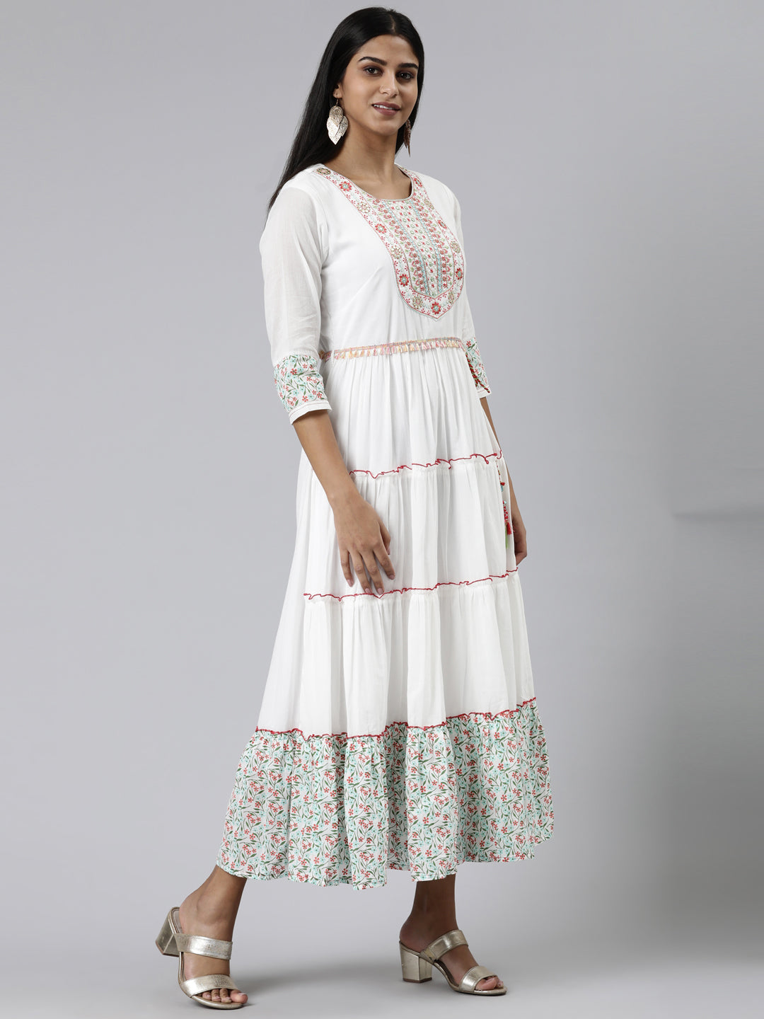 Neerus White viscose rayon printed A-Line kurti - back view