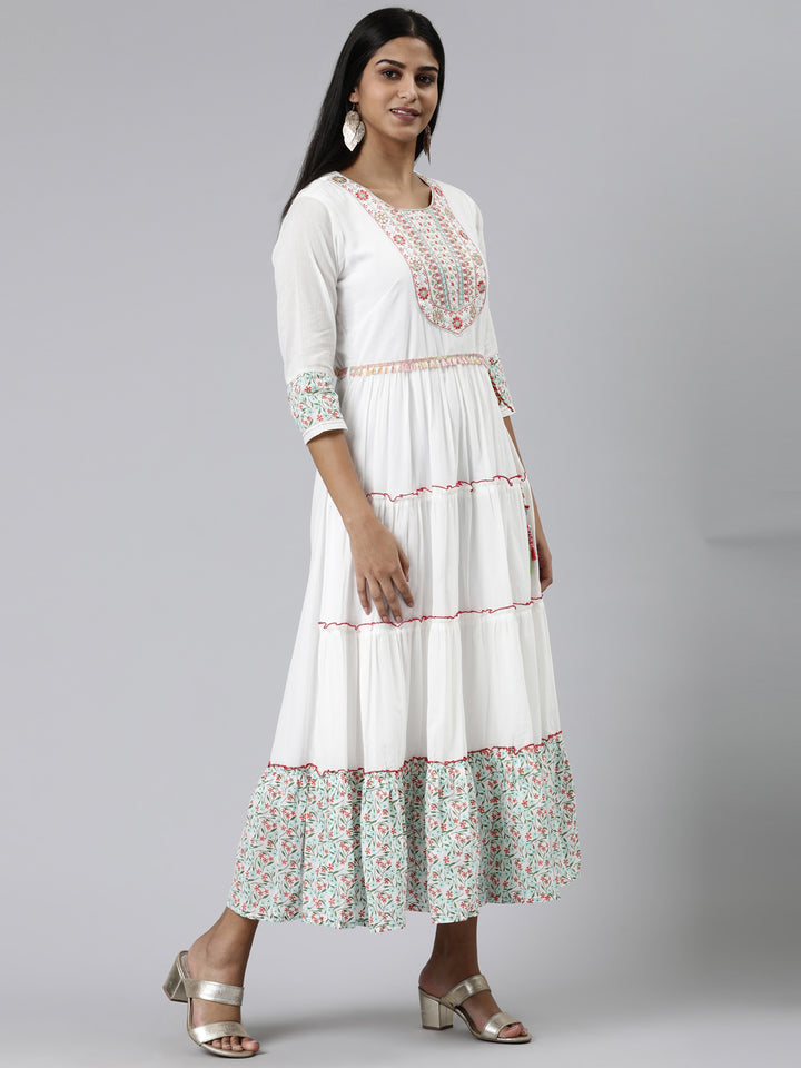 Neerus White viscose rayon printed A-Line kurti - back view