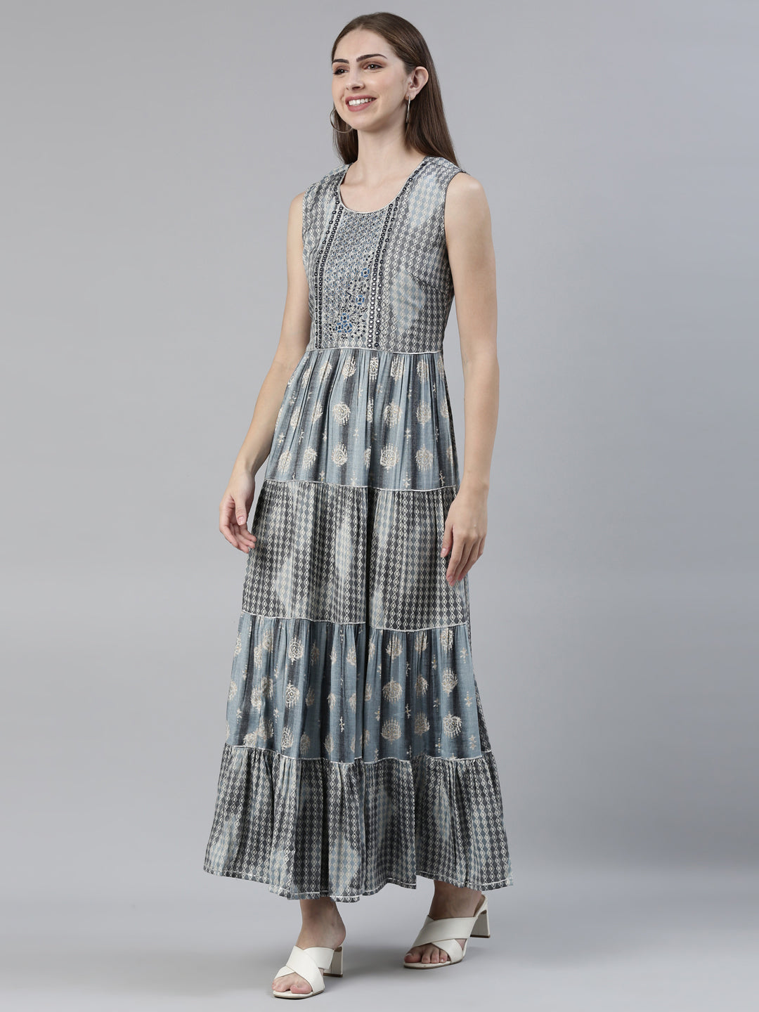 Neerus Grey viscose rayon printed A-line dress - back view