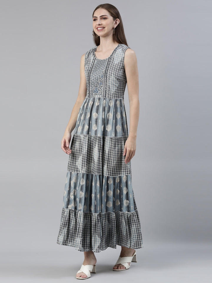 Neerus Grey viscose rayon printed A-line dress - back view