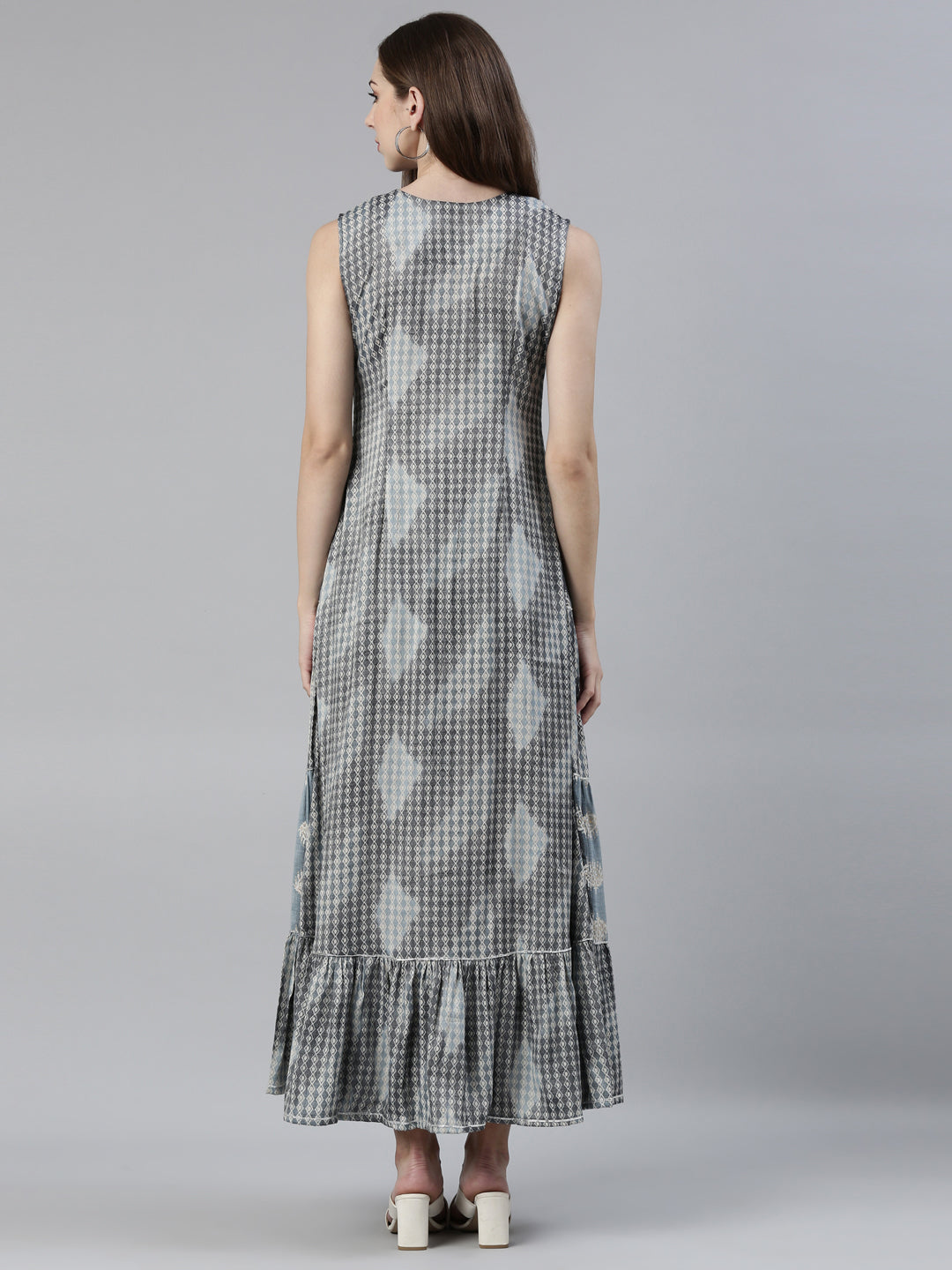 Neerus Grey viscose rayon printed A-line dress - side view
